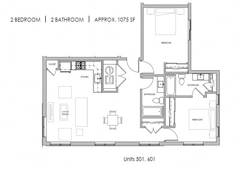 Floor plan for 2 beds, 2 baths, 1075 sqft